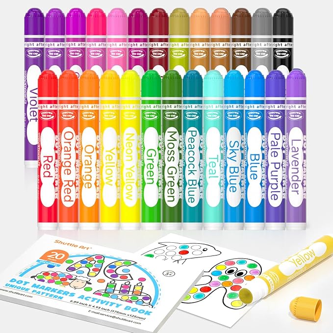 Shuttle Art Washable Dot Markers 26 Colors with Free Activity Book, Fun Art Supplies for Kids Toddlers and Preschoolers, Non Toxic Water-Based Paint Daubers, Dot Art Markers