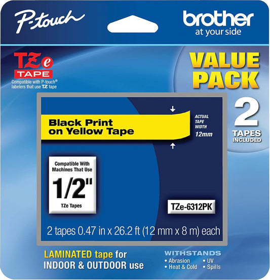 Brother Genuine P-Touch, TZe-6312Pk Tape ½” (12mm) 2-Pack Laminated P-Touch Tape, Black On Yellow Perfect for Indoor Or Outdoor Use, Water Resistant, 26.2 Ft. (8M)