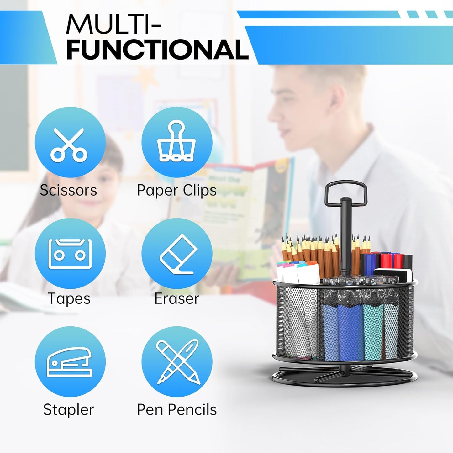 360-Degree Rotating Pen Holder for Desk, Mesh Pencil Organizer Multi-Functional Pen Holder, 4 Compartments Desktop Stationary Organizer, Home Office Black