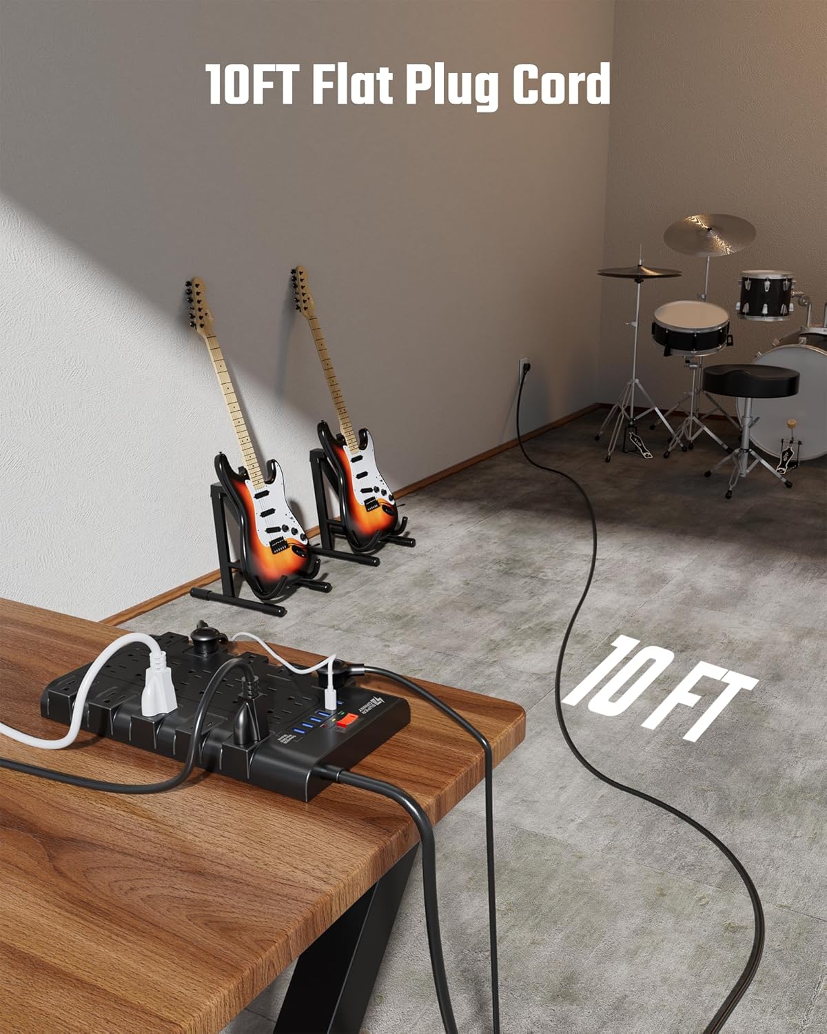 10Ft Power Strip Surge Protector, SUPERDANNY Charging Station 22 Outlets with 45W Type-C Fast Charging USB Ports, 4 USB-A, 2 USB-C, 2100J, 15A/1875W, Flat Plug Extension Cord for Home Office Black