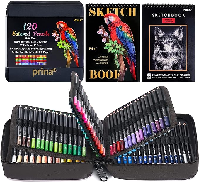 PRINA Art Supplies 120 Colors Colored Pencils Set for Adults Coloring Books with Sketchbook, Professional Vibrant Artists Coloring Pencils for Drawing Sketching Blending Shading, Soft Core Oil Based