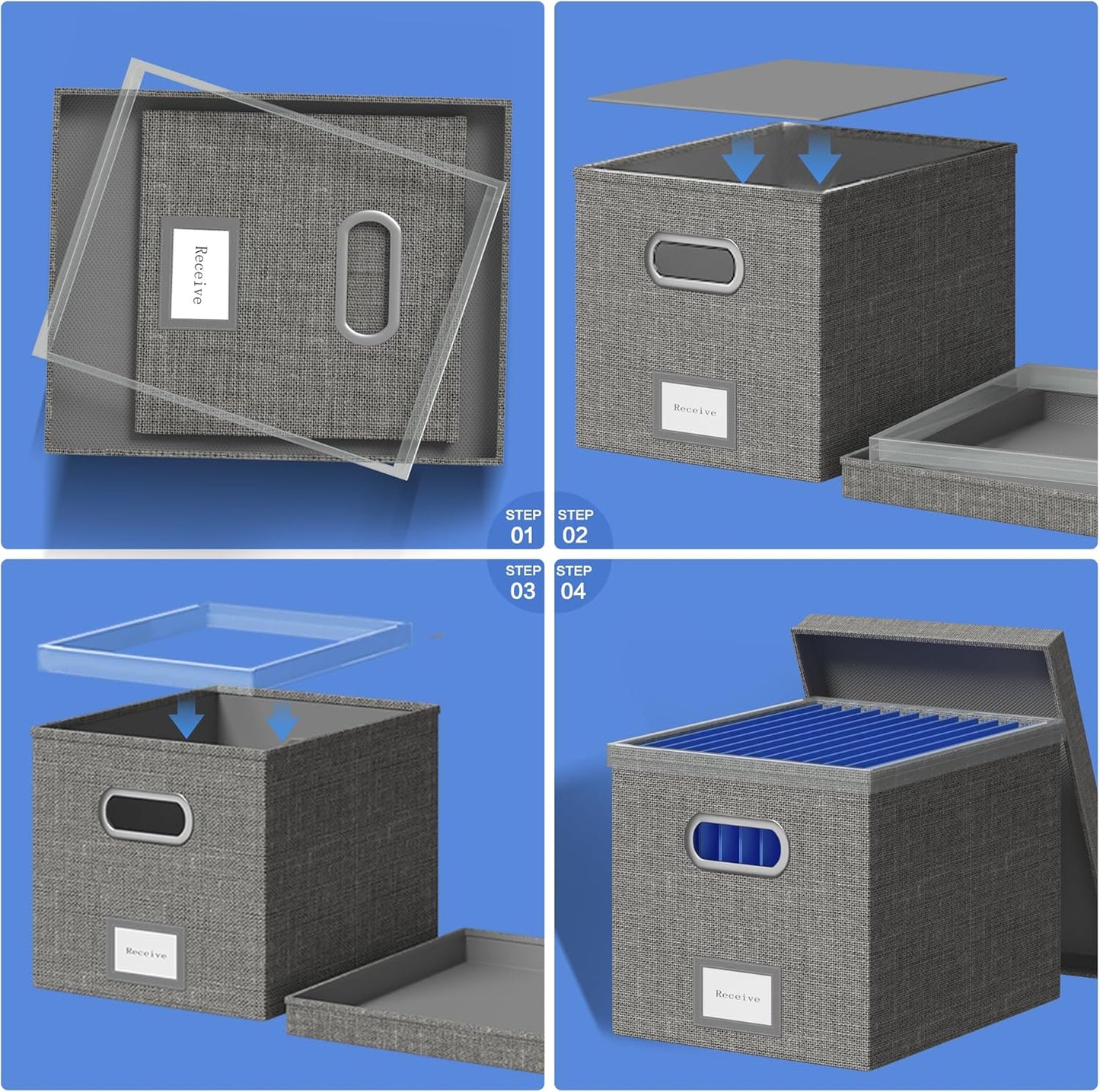 File Organizer Box File Boxes for Hanging Files with Lid Set of 3 Decorative Hanging Folders Letter Size Organizer with One-Piece Plastic Frame Slides (13.2 * 10.1 * 10.1in(3Pack), Grey)