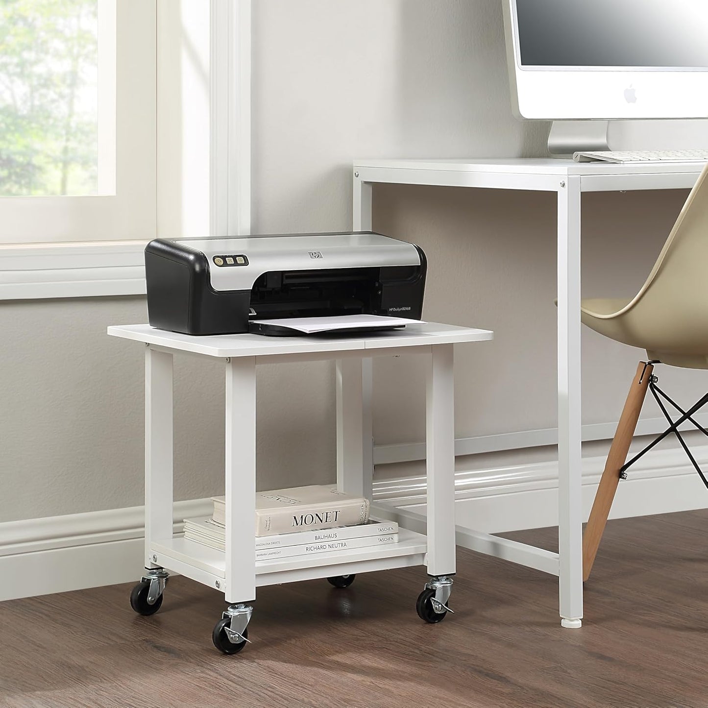 SunnyPoint 2-Tier Under Desk Printer Stand with Storage Shelf and Steel Frame, Industrial Mobile Printer Cart Holder with Lockable Wheels for Home and Office (WHT)