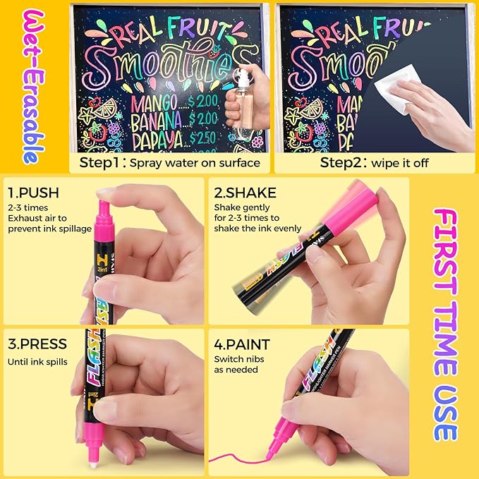 SFAIH 24 Vibrant Chalk Markers for Blackboard [1s Wet Wipe] - No Residue, 4.5-6mm Liquid Chalk Markers for School Sign Board, Calendar, Car Window, Glass, Non-Toxic, Zero Dust, With Highlighter Marker
