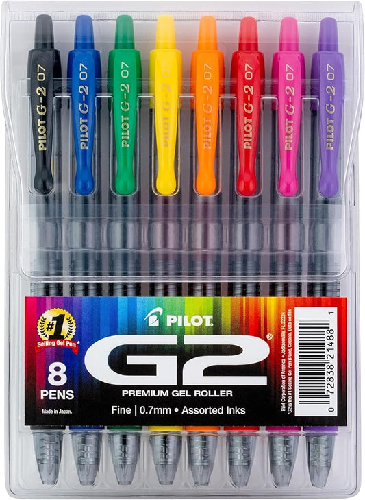 PILOT, G2 Premium Gel Roller Pens, G2 Rainbow Colors Pack, 8 Pack Pouch, Fine Point 0.7 mm, Assorted