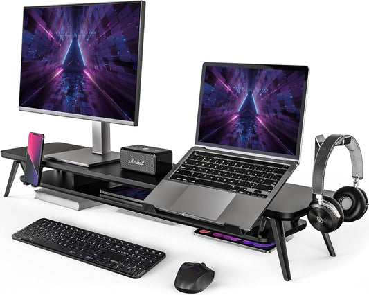 Fenge Dual Monitor Stand, Monitor Riser for 2 Monitors with Adjustable Laptop Riser , 42.5 Inch Desk Shelf for Top of Desk with Phone Holder& Headphone Stand