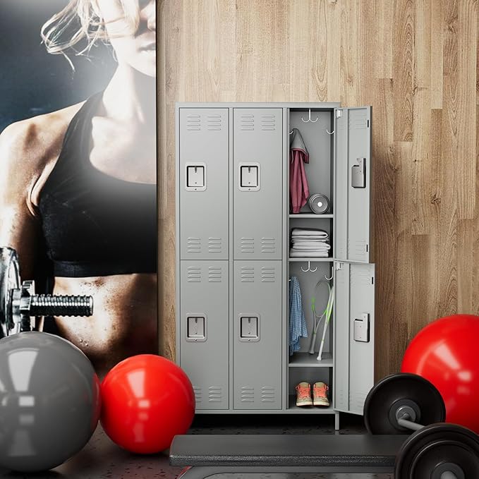 6 Doors Metal Lockers for Employees with Lock,Metal Storage Locker for Employees with 18 Hooks for School,Office, Gym,Home,Assembly Required,6 Doors Light Grey