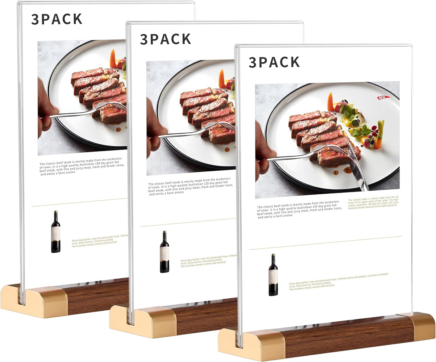 Acrylic Sign Holder 5" x 7" with Wood-Color Base, Tabletop Double-Sided Display Sign Frame Vertical Clear for Store/Coffee Shop/Restaurant Menu Hotel Display Board, 3 Pack T Shape