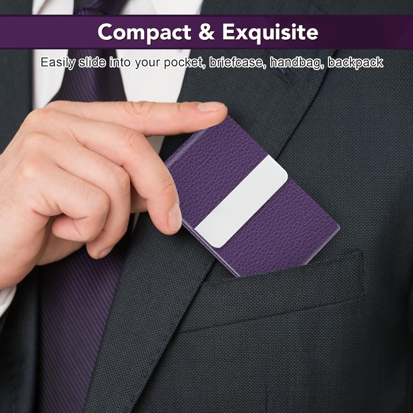 Business Card Holder with Ultra Slim Design, Business Card Case with Premium PU Leather, Suit Pocket Metal Card Holder for Women/Men, Magnetic Closure Quick Access Cards