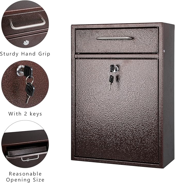 KYODOLED Steel Key Lock Mail Boxes Outdoor,Locking Wall Mount Mailbox,Security Key Drop Box,Collection Boxes,16.2Hx 11.22Lx 4.72W Inches,Bronze X Large