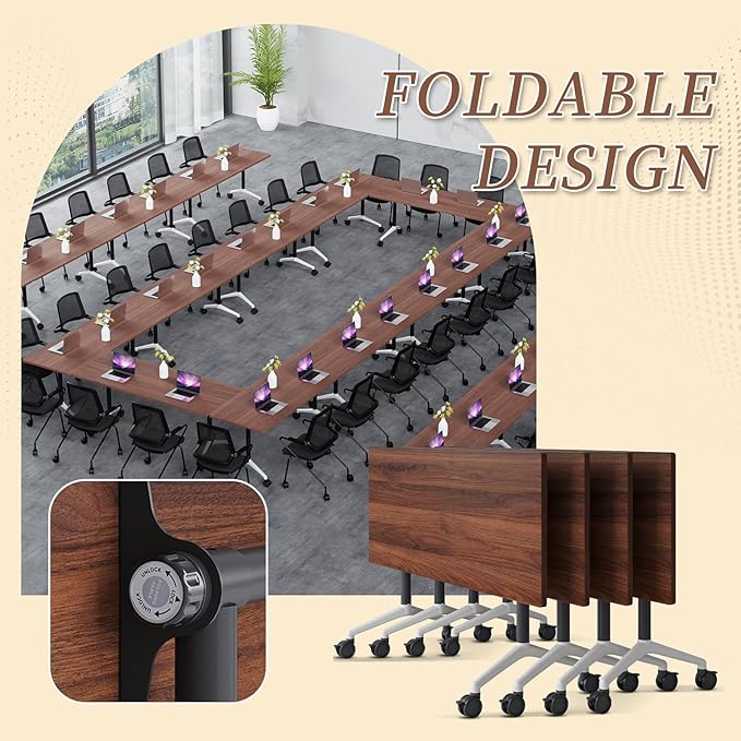 Folding Conference Room Table, Modern Conference Tables with Wheels, Large Rectangular Mobile Training Tables for Office Classroom, Foldable Modular Boardroom Seminar Table (2pack L63in)