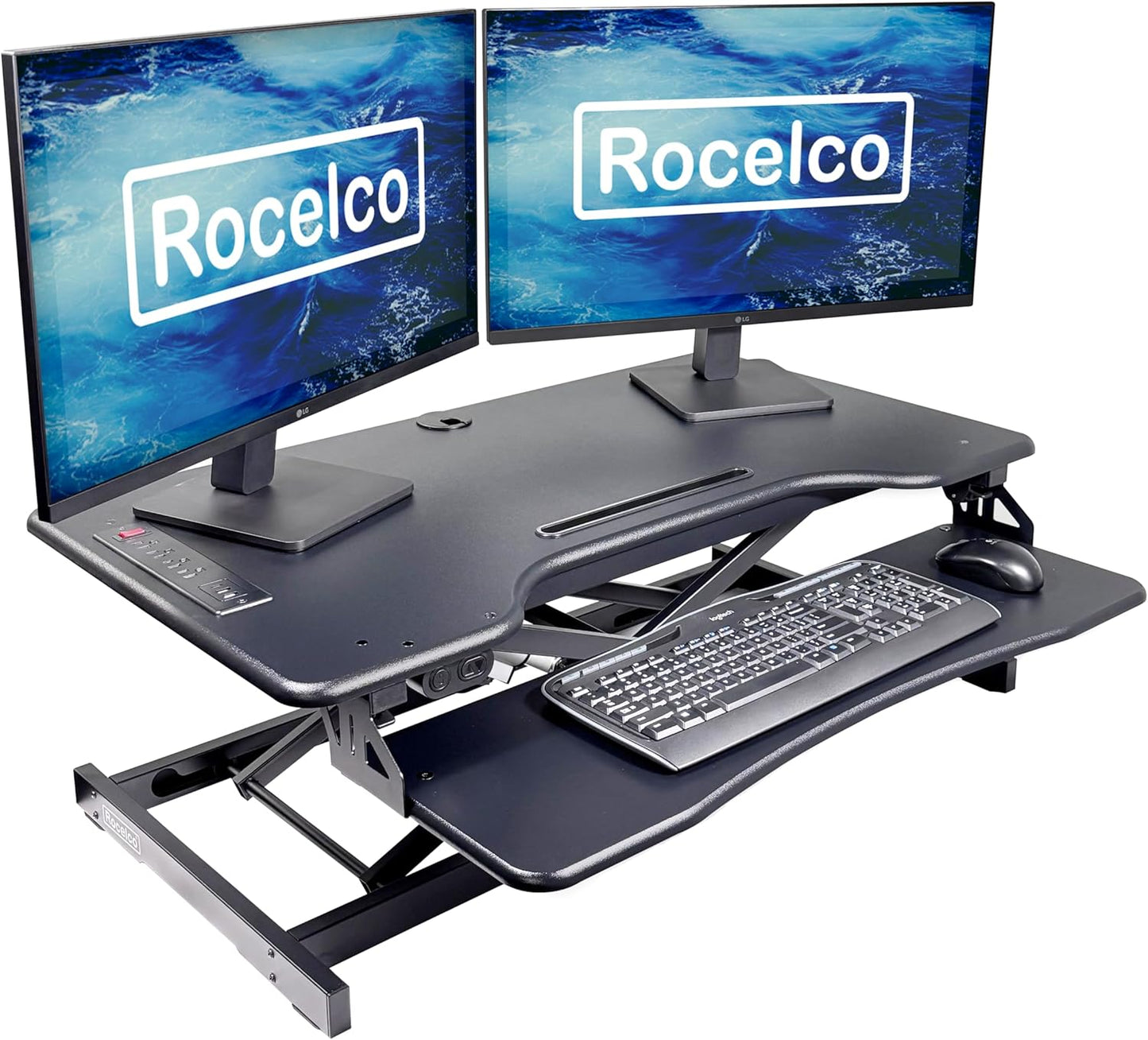 Rocelco 37.4" Electric Standing Desk Converter with AC USB Charger - Motorized Height Adjustable Sit Stand Up Dual Monitor Riser - Tabletop Computer Workstation - Large Keyboard Tray - Black (R EDRB2)
