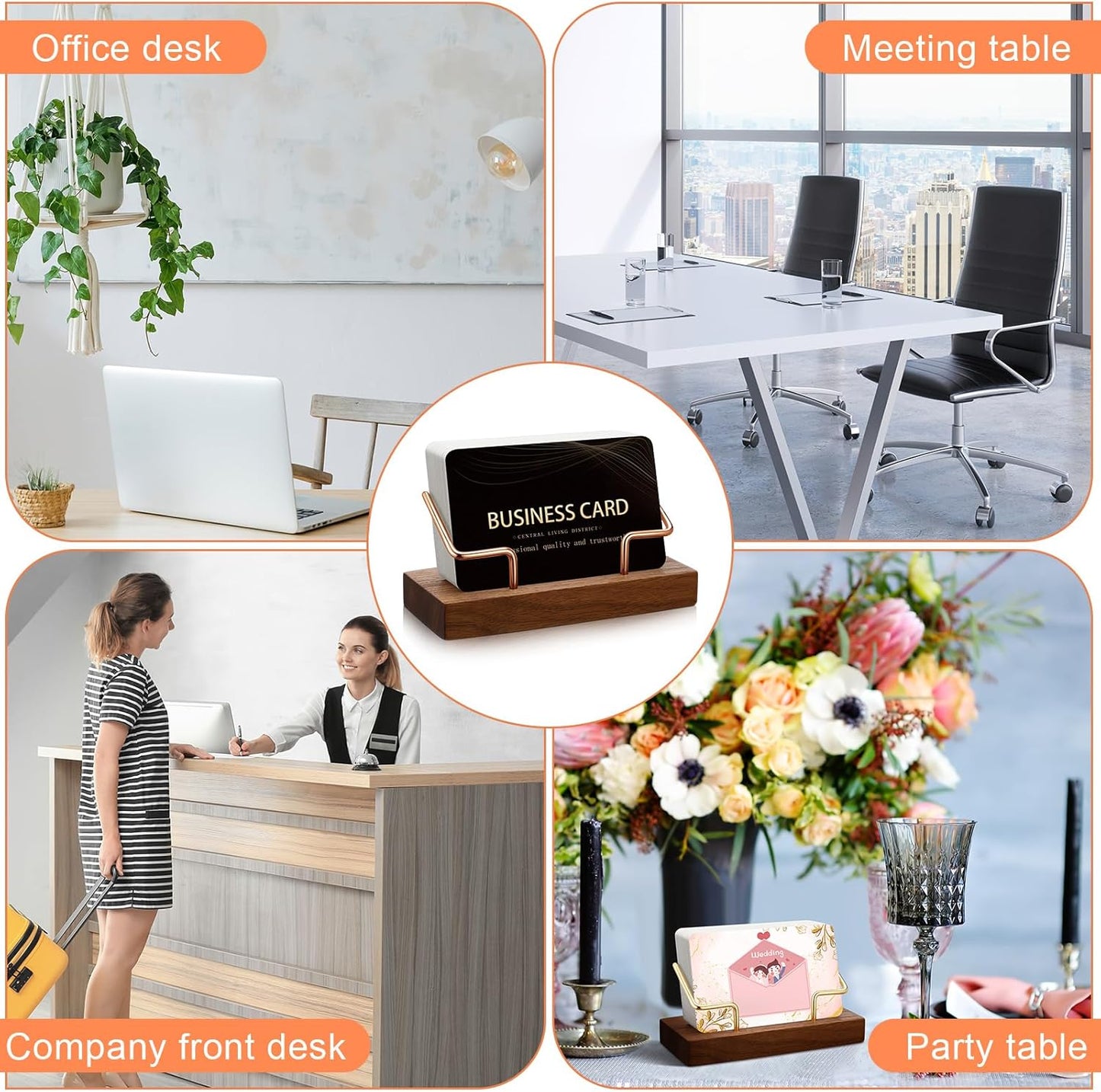 Amyhill 2 Pieces Wood Business Card Holder for Desk Wooden Business Card Display Stand Postcard Holder for Office Home Desktop (Wood Color, Rose Gold)