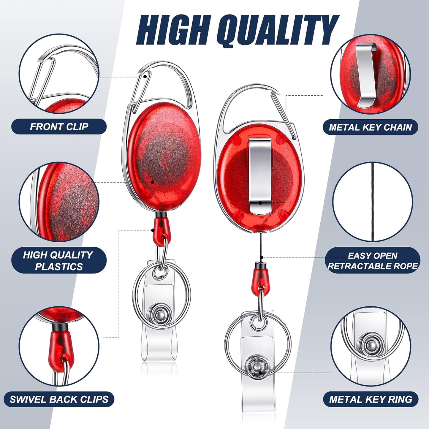 100 Pack Retractable Badge Reels Bulk Heavy Duty Badge Reel Holders with Carabiner Belt Clip and Keychain for Lanyard Card Nurse School Office Employee (Clear Red)