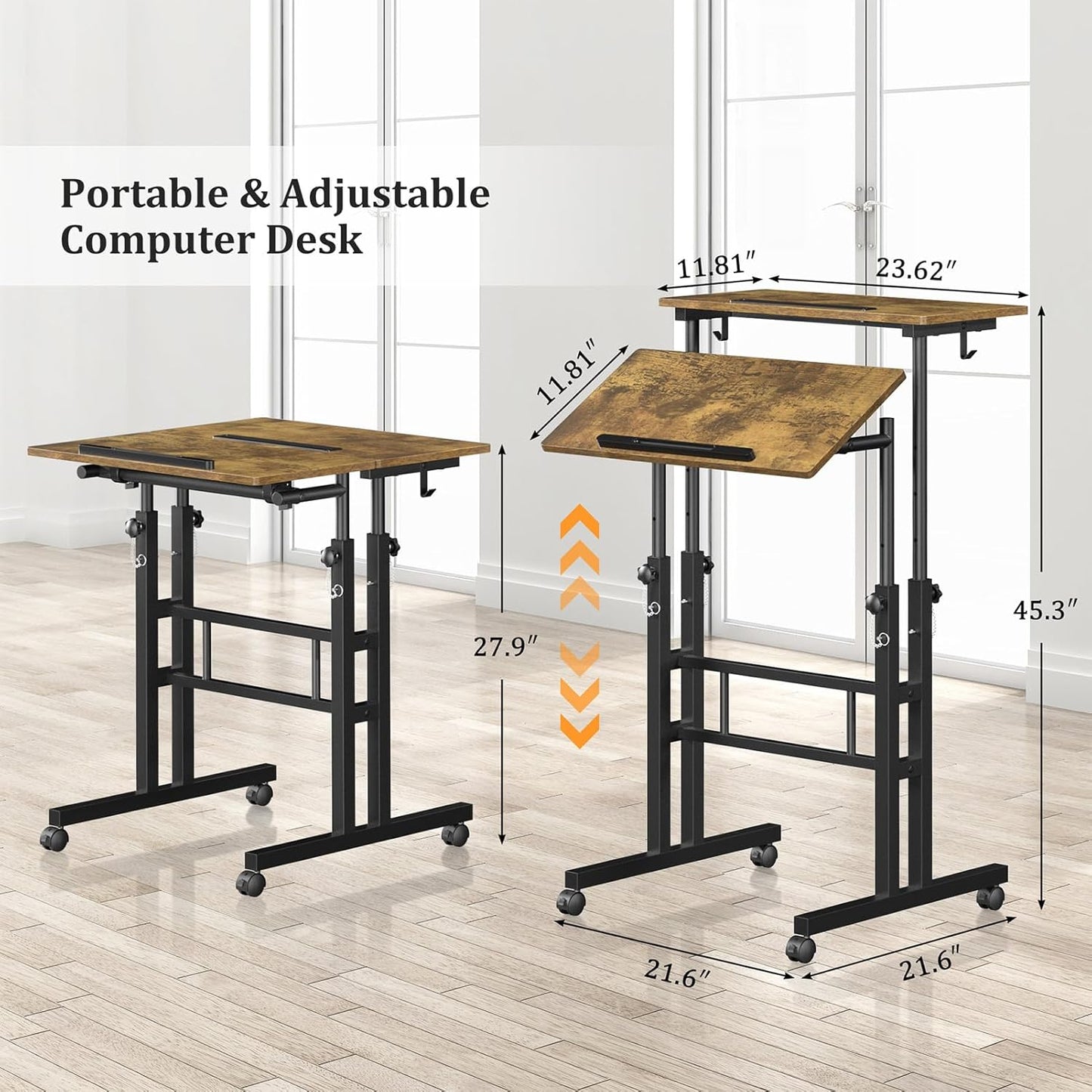 Small Standing Desk with Wheels, Mobile Stand Up Desk, Portable Standing Table on Wheels for Walking Pad, Rolling Computer Desk Adjustable Height, Tall Table