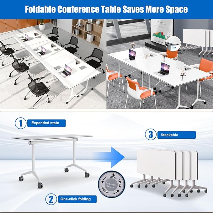 Conference Table, Folding Conference Desk Modern White, Seminar Table with Wheels, 2-10 People for Office, Meeting Break Room (6, 1915, 61IN)