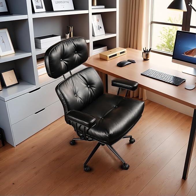 Faux Leather Executive Office Chair - Big and Tall Ergonomic Home Office Chair,Reclining Computer Desk Chair with Lumbar Support,Adjustable Task Chair Swivel Rolling PC Chair with Wheels,Black,PU