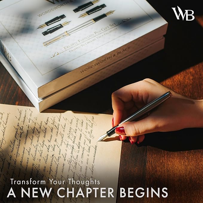 Wordsworth & Black Fountain Pen Gift Set, Includes Bottle, 6 Cartridges, Refill Converter, 4 Replacement Nibs, Premium Package, Journaling, Calligraphy, Smooth Writing Pens [Black Gold]