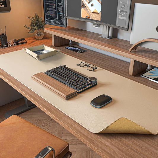 DAWNTREES Dual Sided Desk Mat,Leather Desk Pad,40"x16",Cork Desk Mat Protector,with PU Leather Valet Tray Organizer,Large Mouse Pad,Desk Writing Pad for Office and Home(Khaki)