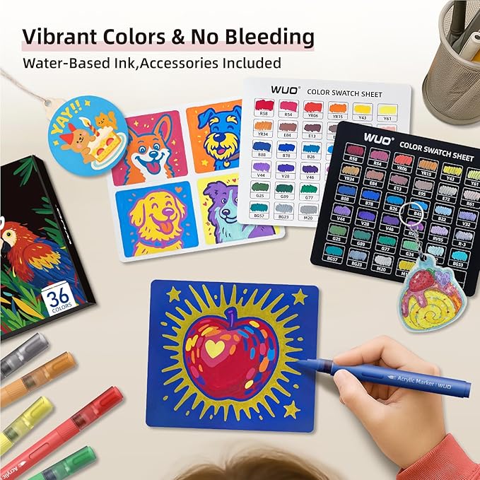 WUO 36 Colors Acrylic Paint Markers (2 Metallic), Automatic Ink Control Brush Tip for Multi-Surface Acrylic Paint Pens for Rock Painting, Wood, Canvas, Glass, DIY Art