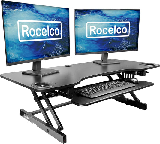 Rocelco 45" Height Adjustable Standing Desk Converter - Slide Out Retractable Keyboard Tray - Sit Stand Up Triple Monitor Riser - Dual Piston Lift Tabletop Computer Workstation - Black (R ADRB-45)