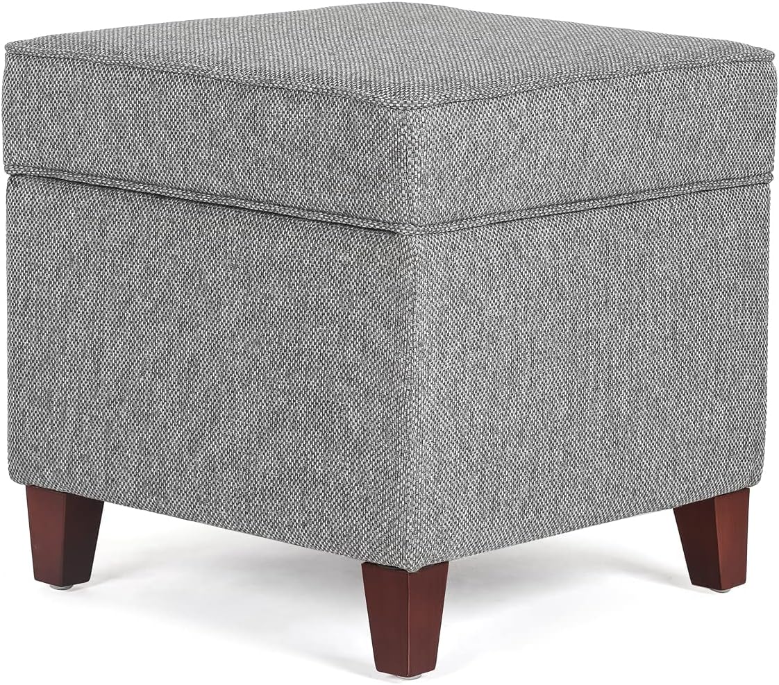 Adeco 17" Square Ottoman with Storage, Small Blue Storage Ottoman Foot Rest with Hinged Lid & Solid Wood Legs, Linen Fabric Foot Stool for Living Room & Bedroom