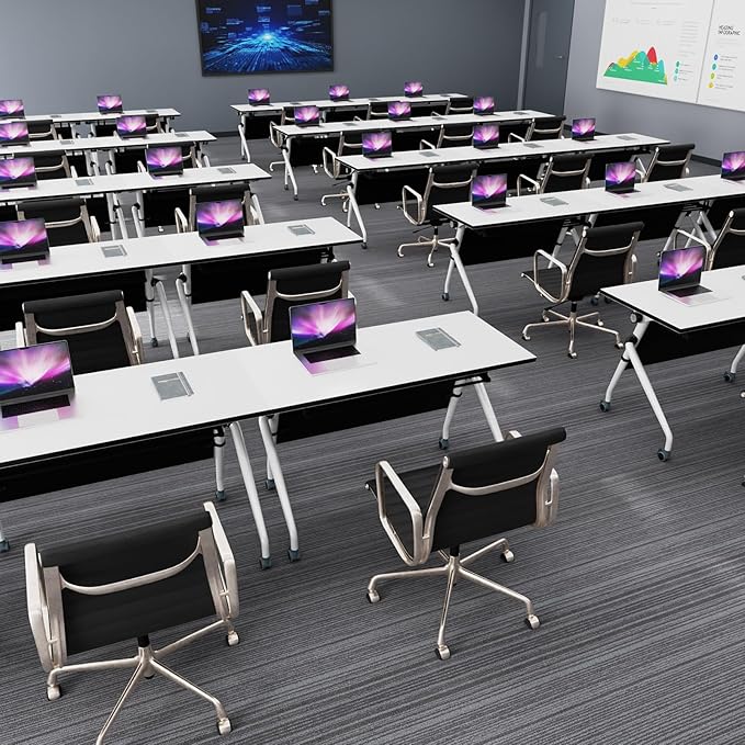 Conference Table, Folding Conference Room Tables, Mobile Training Tables with Silent Wheels, Large Rectangular Modular Seminar Table Office Computer Desks for Classroom White (8Pack L70.9in)