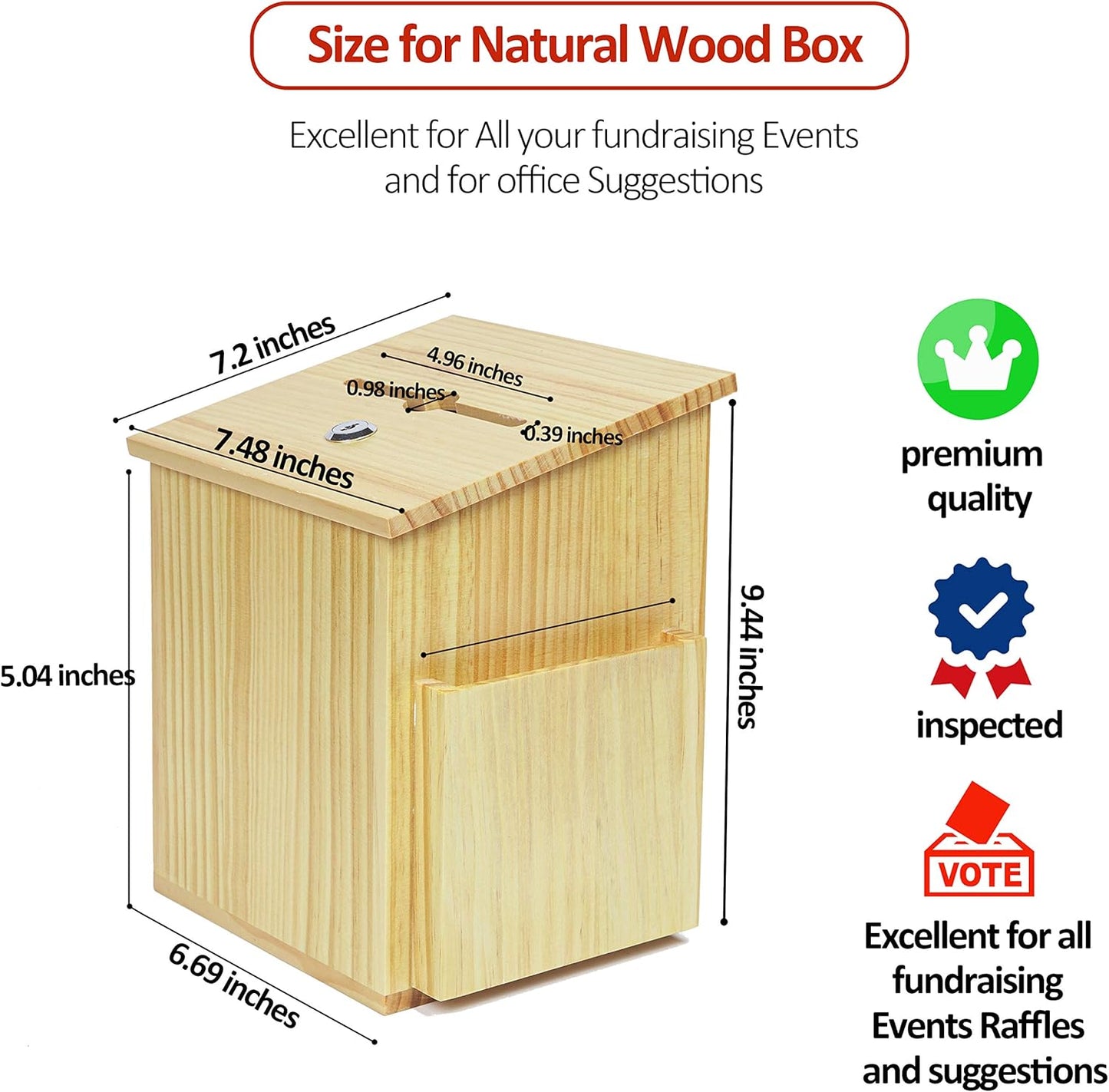 Wood Charity Donation collection Box Office suggestion Ballot Box With wide slot for envelopes and suggestion comment forms, side Pocket and Locking Hinged Lid & Pen for Table Or Counter-top(Natural)