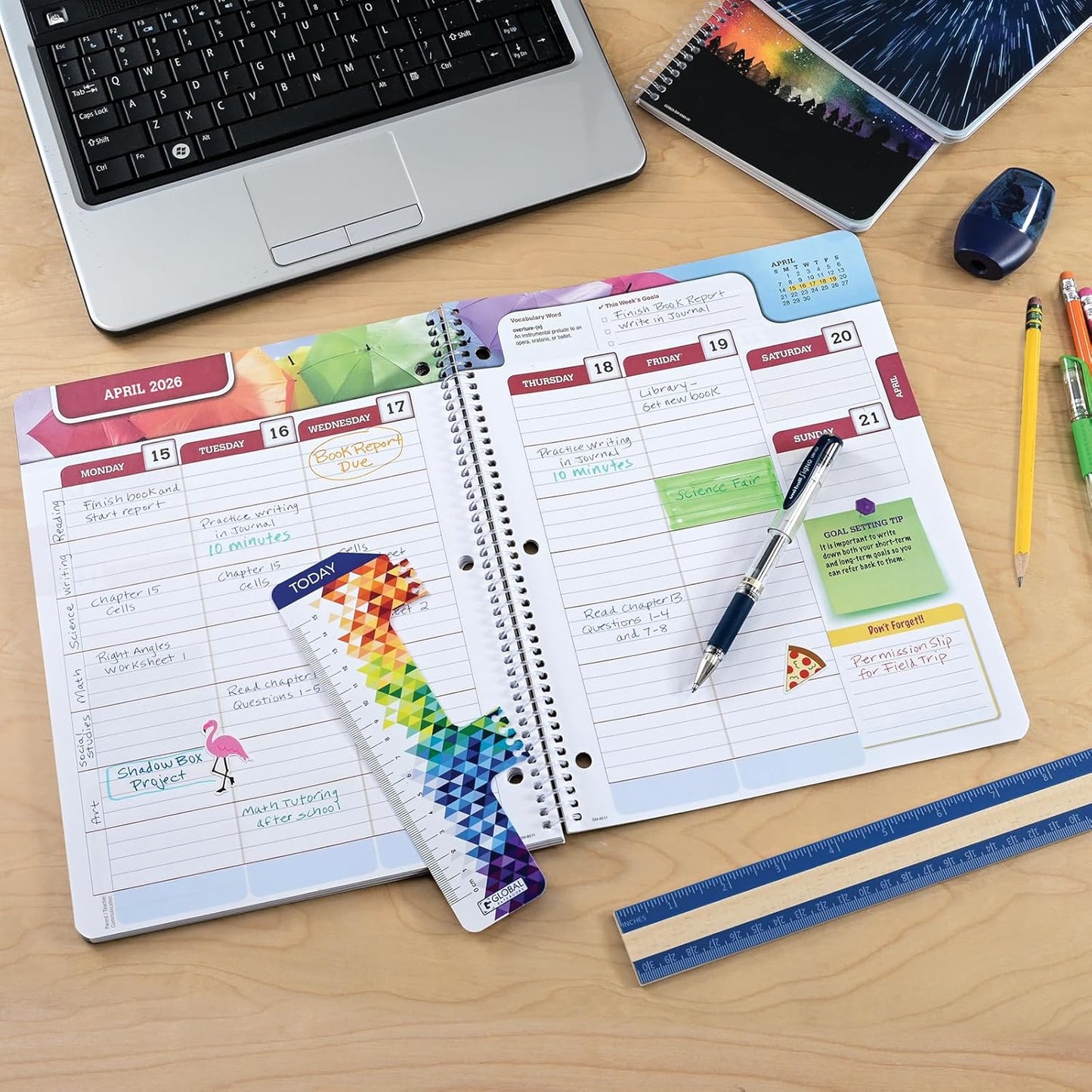 Global Datebooks Dated Middle School or High School Student Planner for Academic Year 2025-2026 Includes Ruler/Bookmark and Planning Stickers (Matrix Style - 8.5"x11" - Rainbow Silhouette)
