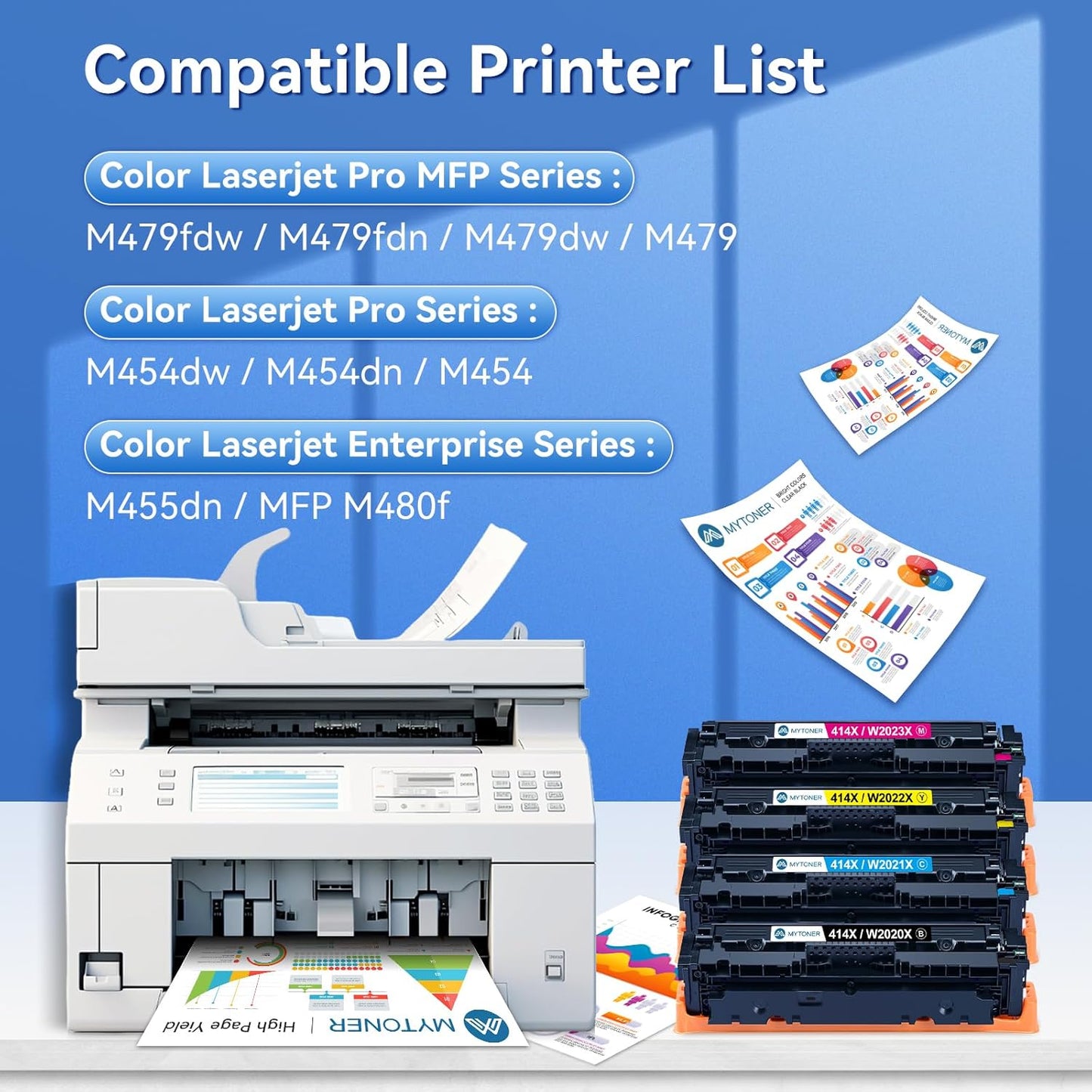 414X Toner Cartridges 4 Pack High Yield MFP M479fdw with Chip Compatible Replacement for HP 414X 414A for Color Laserjet Pro MFP M479fdw M479fdn M479dw M454dw M454dn M479 Printer Ink W2020X W2020A