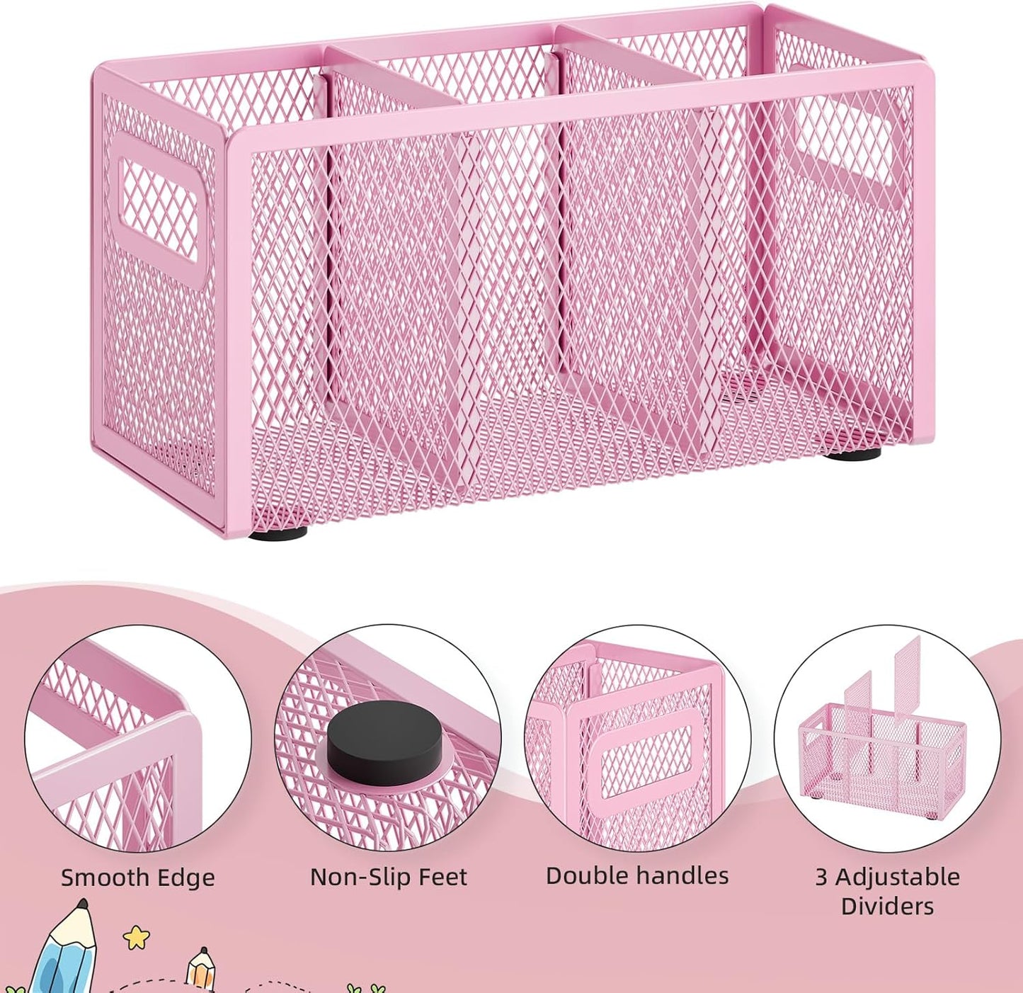 Marbrasse Mesh Pen Holder for Desk,Pencil Holder Desk Organizer 3 Adjustable Compartments,Pencil Cup with Handle Perfect for Classroom, Office, Home,Makeup,Art (Pink)