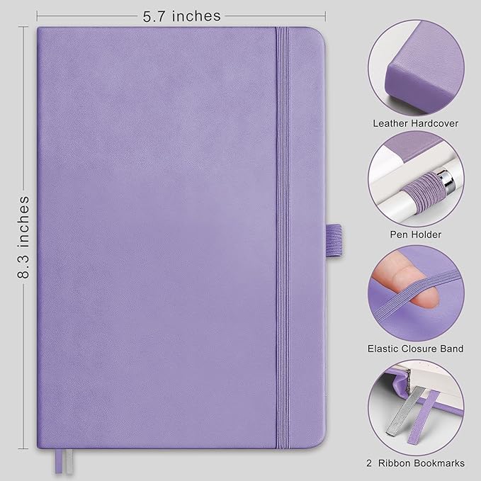 RETTACY Lined Journal Notebook, 192 Numbered Pages, A5 Medium Size (5.7'' x 8.3''), for Men & Women, Journaling, Writing, Work & Office, Leather Hardcover, 100 GSM Thick Paper (Purple)