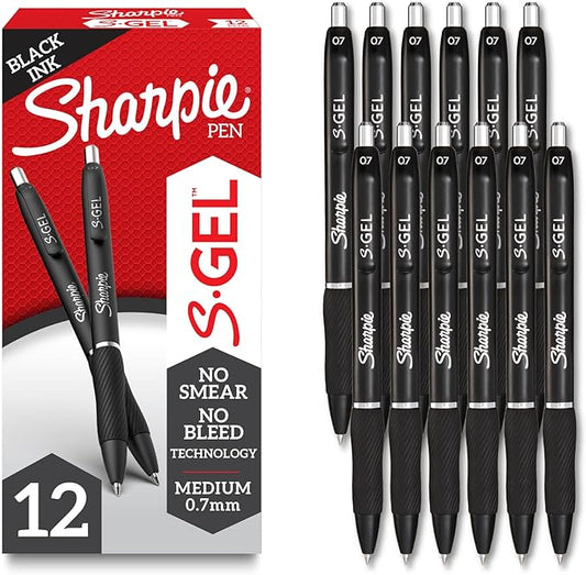 Sharpie S-Gel Gel Pens, Black Barrel, Medium Point (0.7mm), Black Gel Ink Pens, 12 Count - Home, Office, School, Journaling, Writing, Note-Taking, Teacher Supplies