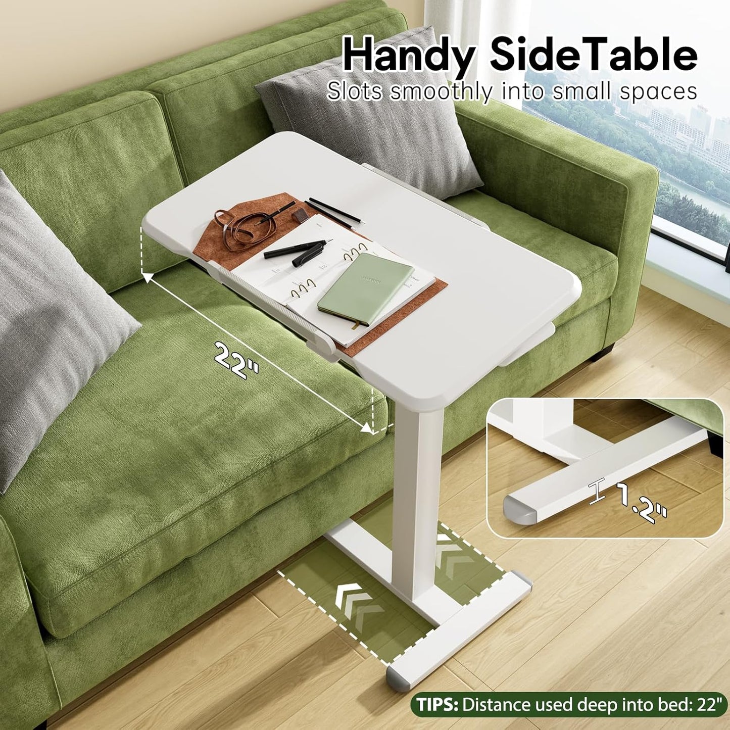 Rolling Laptop Desk, 180° Tiltable Mobile Standing Desk Height Adjustable, Overbed Bedside Table, Portable Computer Desk with Wheels, Foldable Laptop Cart for Home Office, White