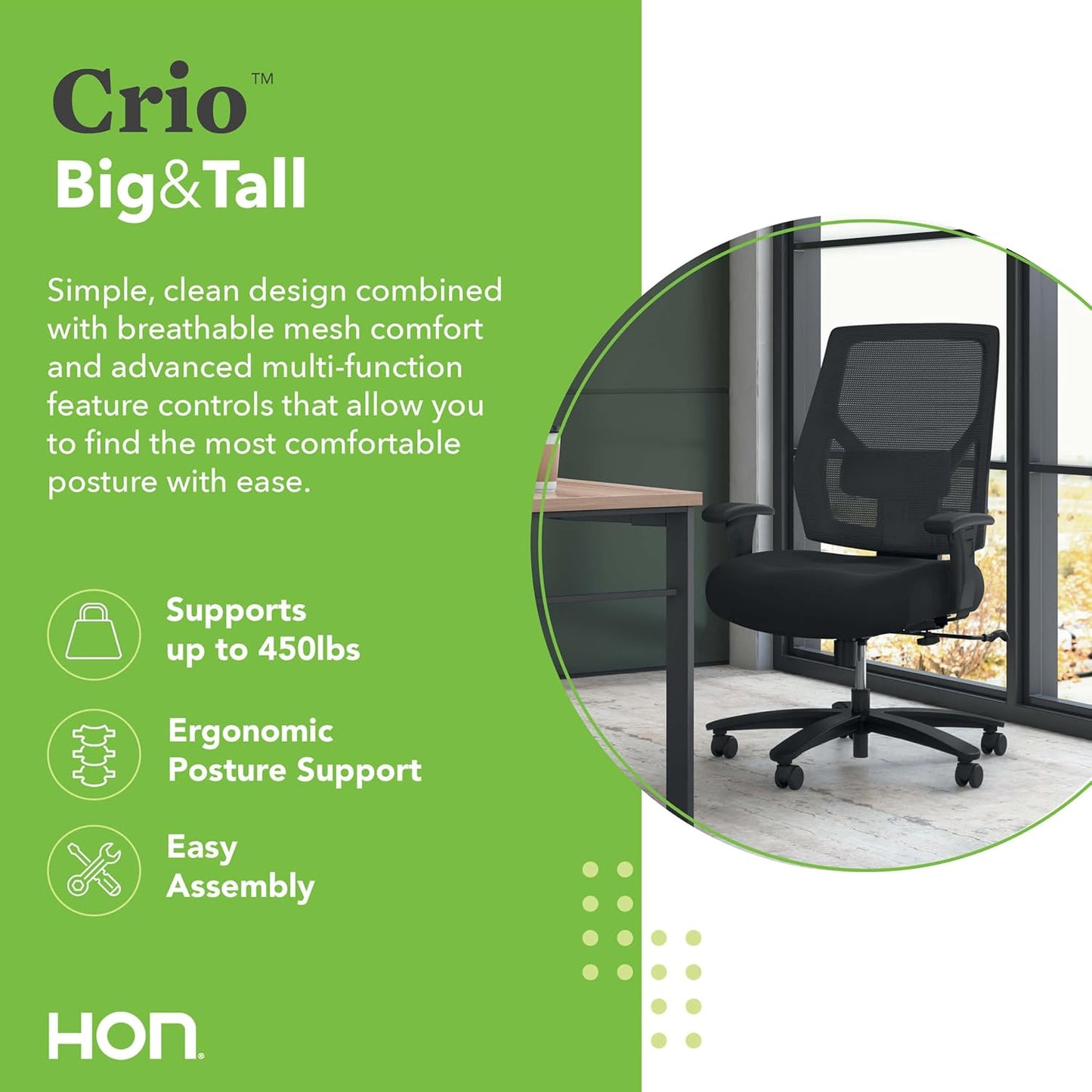 HON Crio Big and Tall Office Chair, 450lbs Weight Capacity, Extra Wide Desk Chair, Heavy Duty Tilt Recline, Swivel Wheels, Comfortable for Long Hours