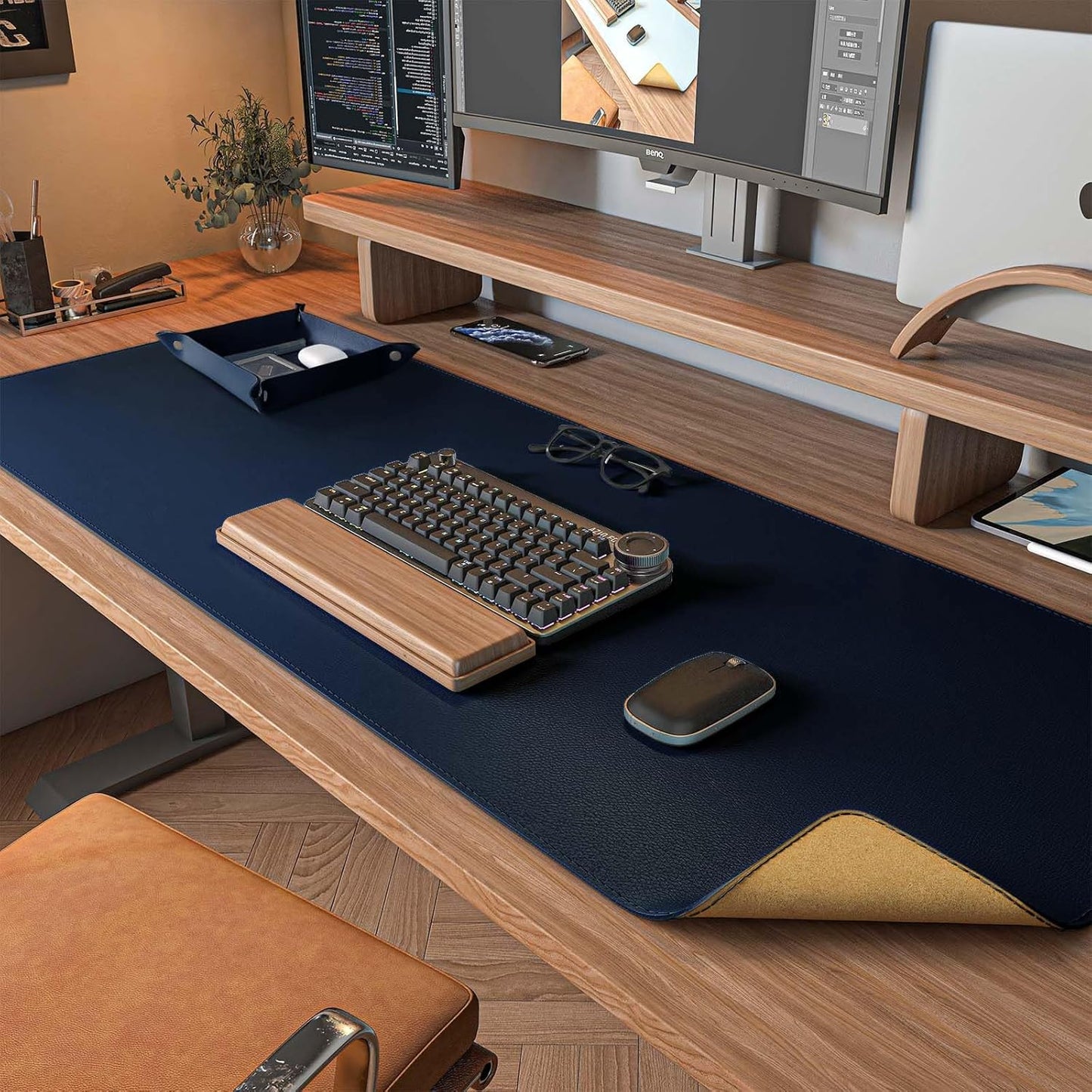 DAWNTREES Dual Sided Desk Mat,Leather Desk Pad,40"x16",Cork Desk Mat Protector,with PU Leather Valet Tray Organizer,Large Mouse Pad,Desk Writing Pad for Office and Home(Dark Blue)