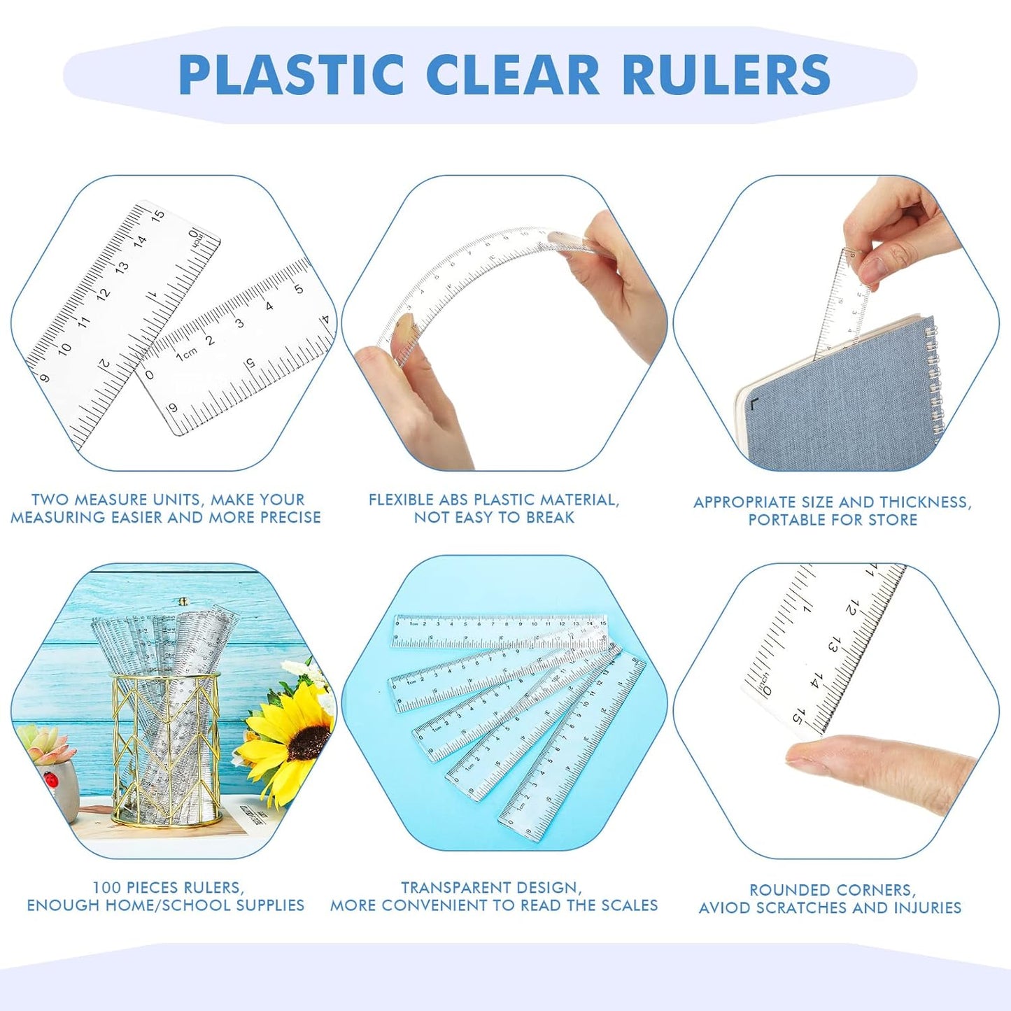 Zonon 500 Pcs 6 Inch Rulers Bulk Clear Plastic Flexible Straight Rulers with Inches and Centimeters First Day of School Gift for Students Back to School Office Supplies