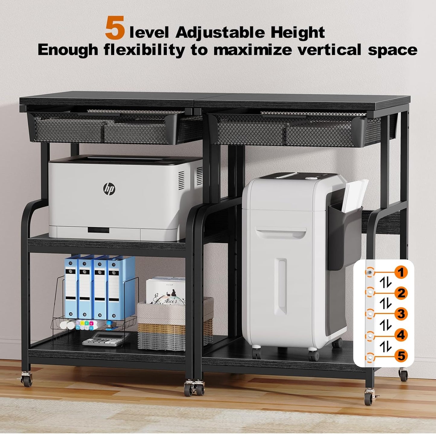 EasyCom Large Printer Stand with Storage Drawer, 5 Adjustable Shelf & 3-Tier Rolling Cart with Industrial Wheels for Desk, Mobile Printer Table for Home Office Fits 3D Printer Scanner Fax Black