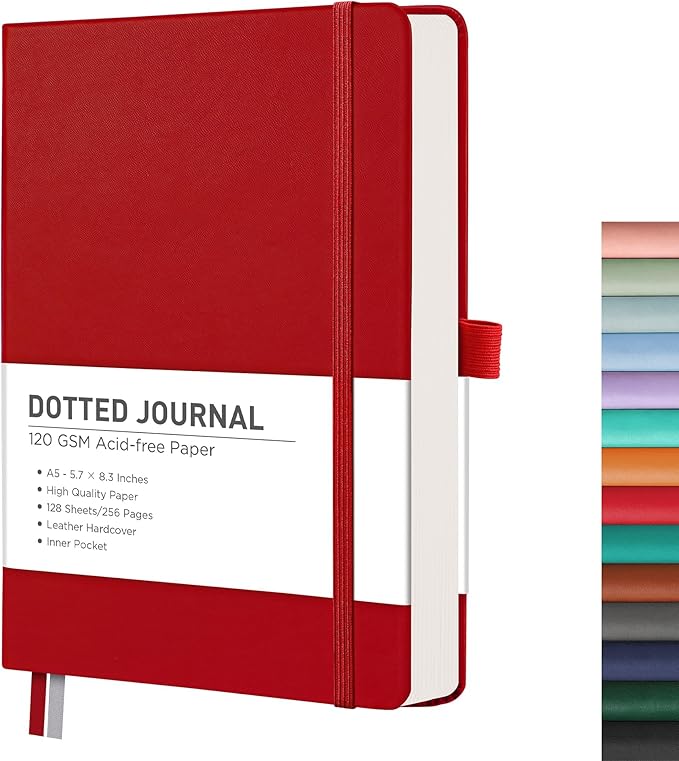RETTACY Bullet Dotted Journal Notebook, 256 Pages, A5 Medium Size (5.7'' × 8.3''), Leather Hardcover, 120 GSM Thick Paper, for Bullet Journaling, Planning, Tracking (Red)