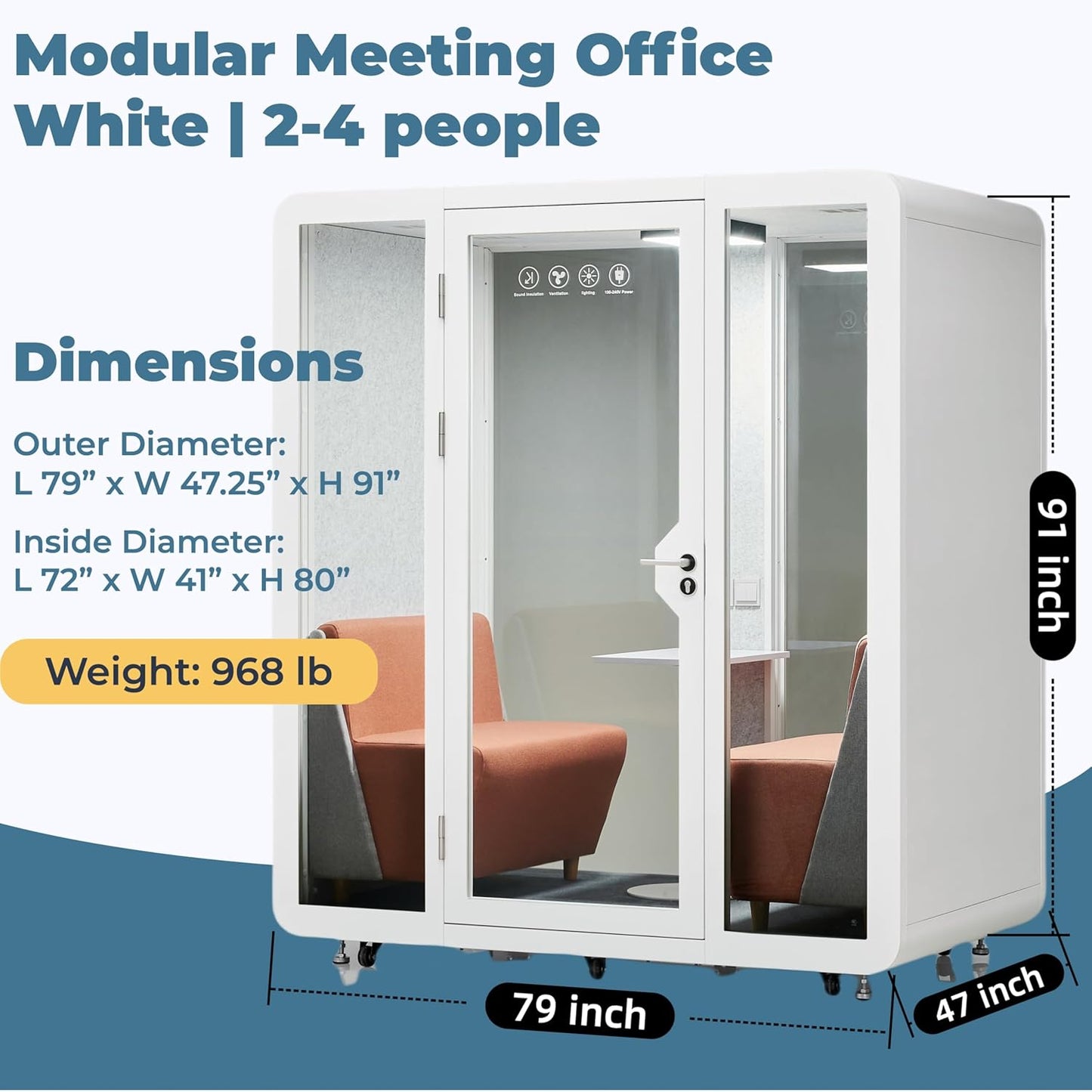 Mobile Office Pod Booth, Sound Pod, Large Space SoundProof Pod 2-4 People, Sound Booth Mobile Roller, LED Lighting, Centrifugal Fans and AC USB Ports - for 2-4 Persons White