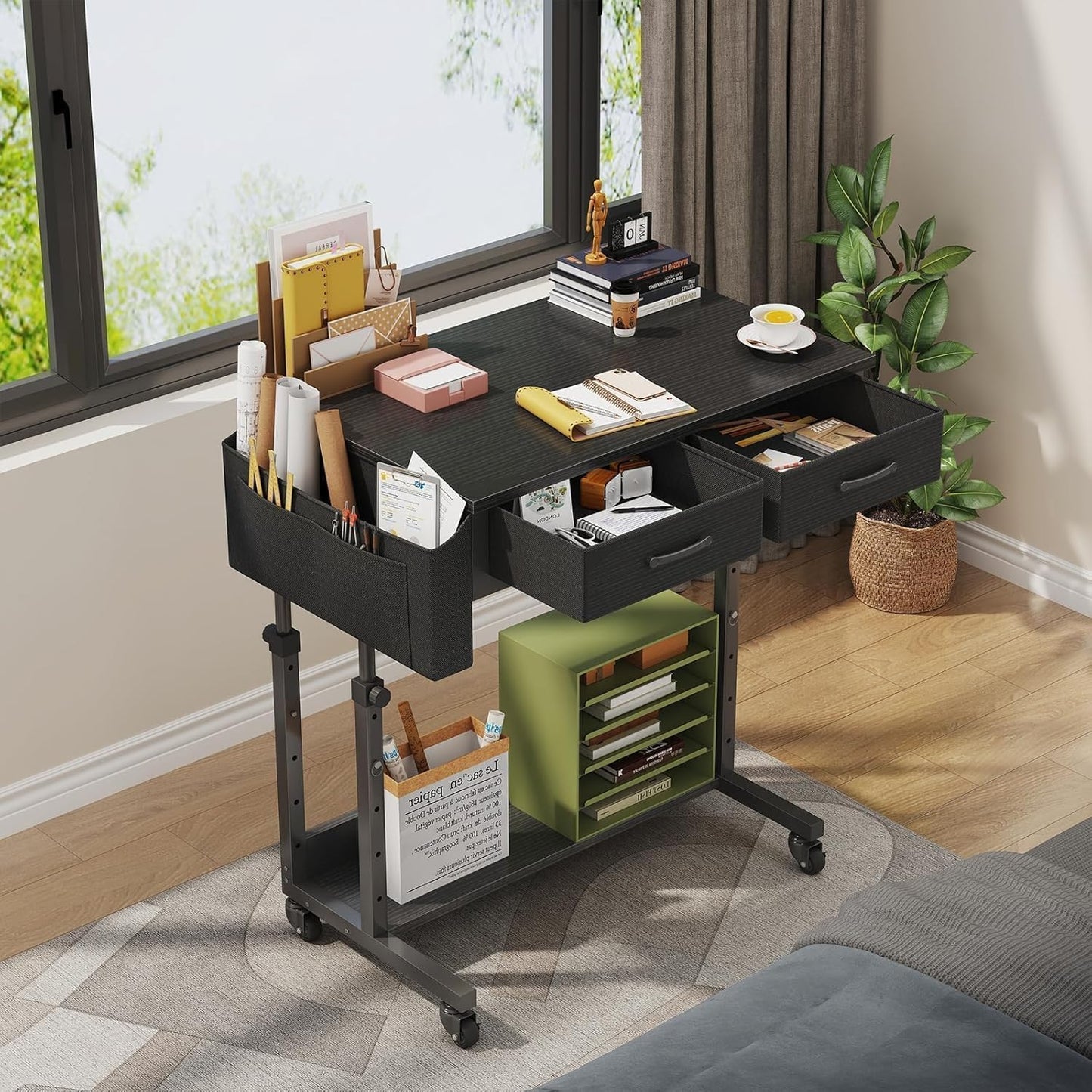 Small Portable Rolling Standing Desk - 32 Inch Adjustable Mobile Stand Up Teacher Desks with 2 Fabric Drawers on Wheels for Classroom, Couch Sofa Side Laptop Table with Storage for Home Office, Black