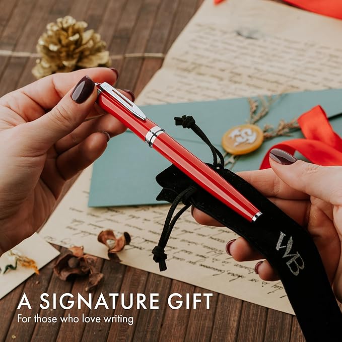 Wordsworth & Black Fountain Pen Set, Medium Nib, Includes 24 Pack Ink Cartridges, Ink Refill Converter & Gift Pouch, Chrome Finish, Calligraphy, [Crimson Red], Perfect for Men & Women