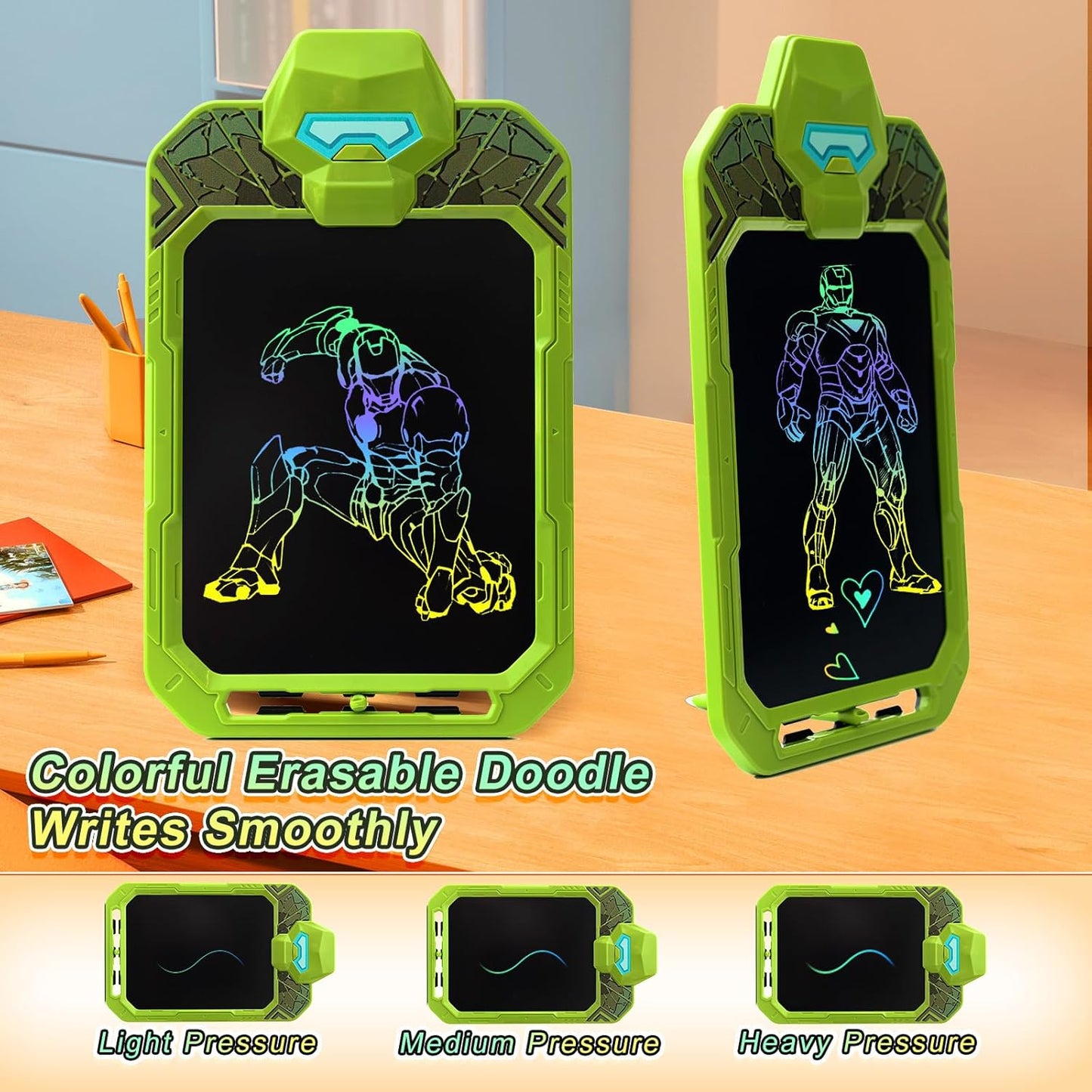 10 Inch LCD Writing Tablet for Kids – Powerful Warrior & Green Hero, Erasable Doodle Board Drawing Pad, Travel Educational Toy for Toddlers 3-8, Birthday Boys & Man (Green)