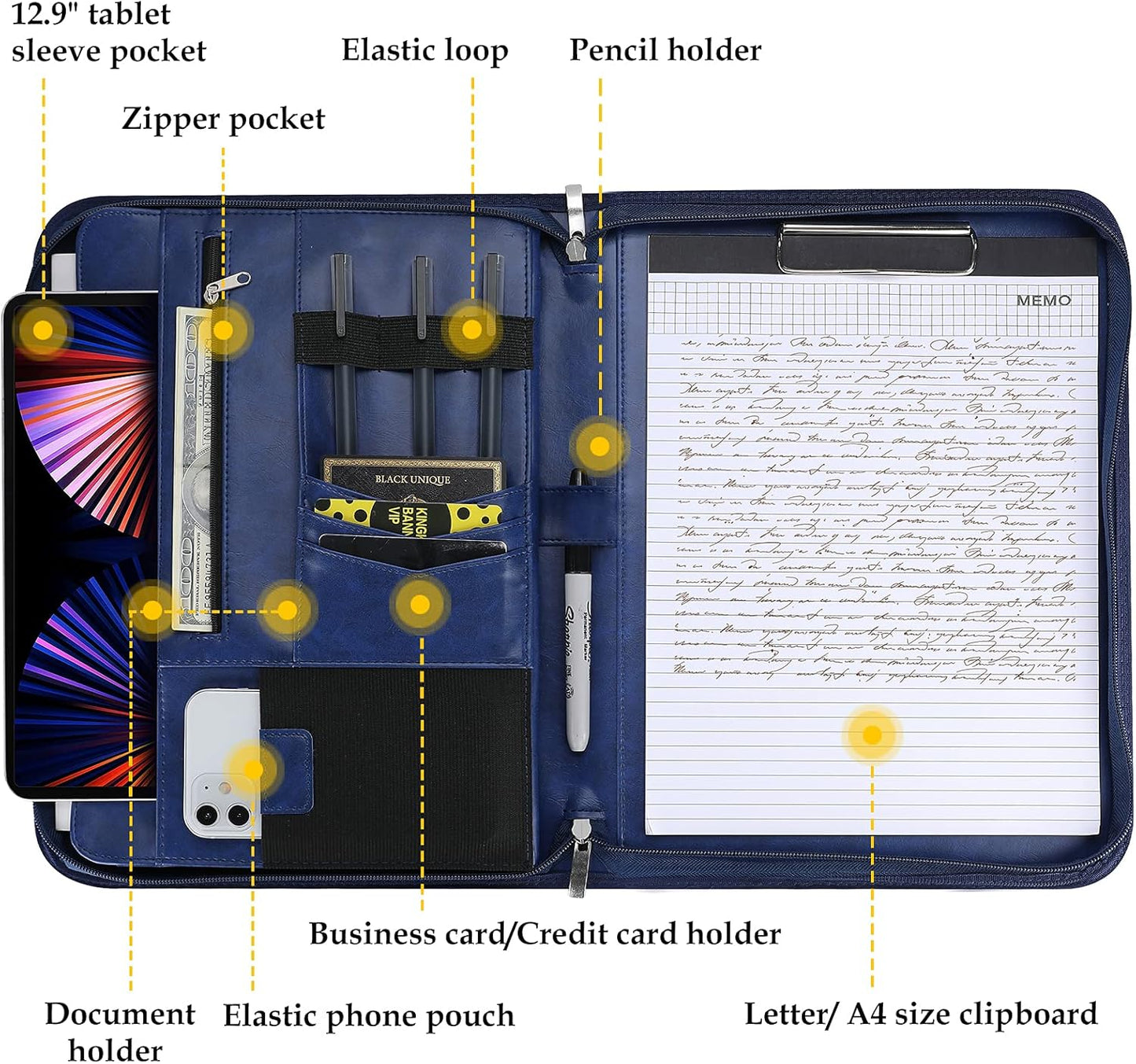 ProCase Portfolio Business Padfolio Folder with Zipper, Conference Meeting Executive File Legal Document Organizer with Pockets Letter Size A4 Writing Pad Notepad Padfolio -Navy