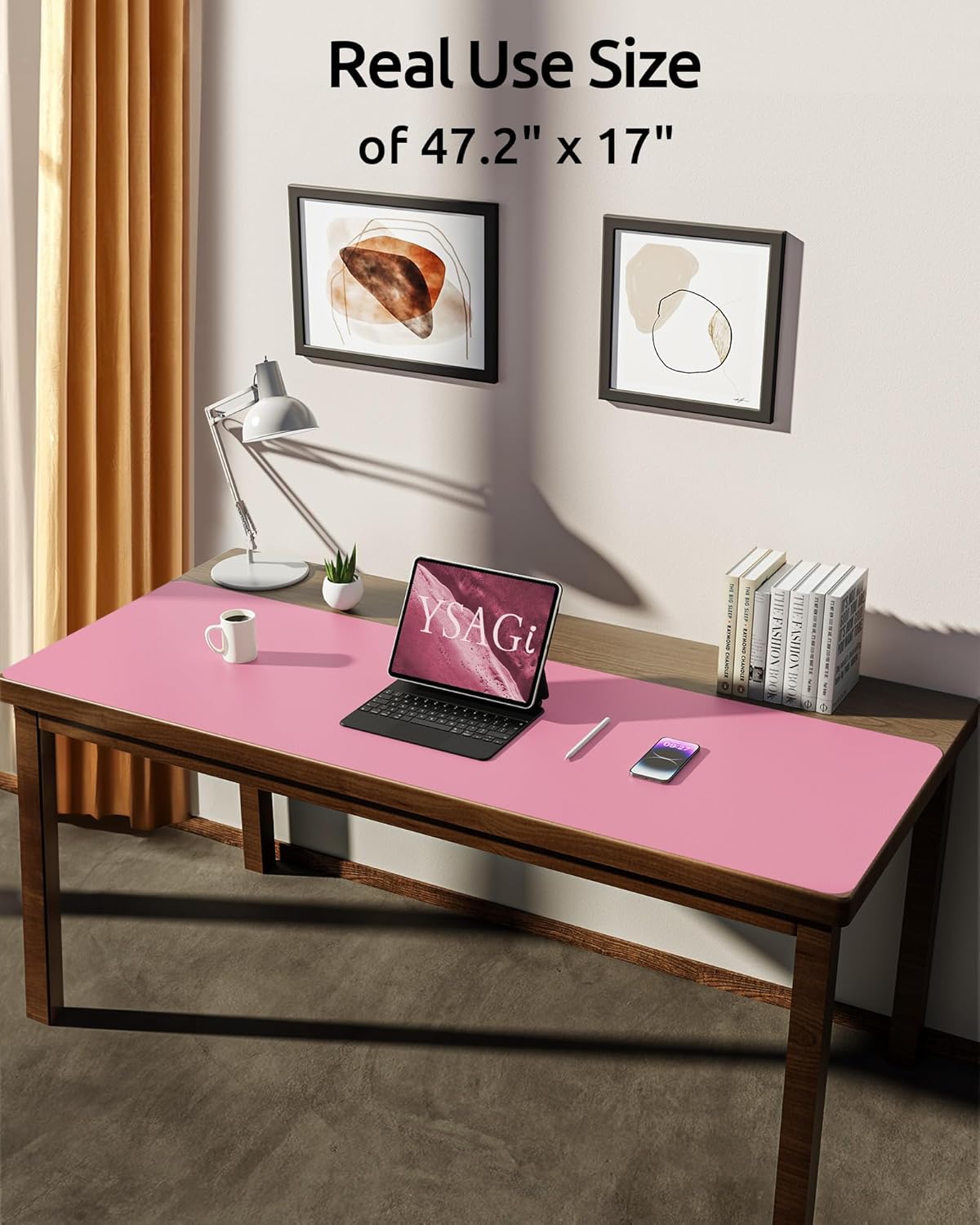 YSAGi Leather Desk Pad Protector, Office Desk Mat, Large Mouse Pad, Non-Slip PU Leather Desk Blotter, Laptop Desk Pad, Waterproof Desk Writing Pad for Office and Home (Pink, 47" x 17")