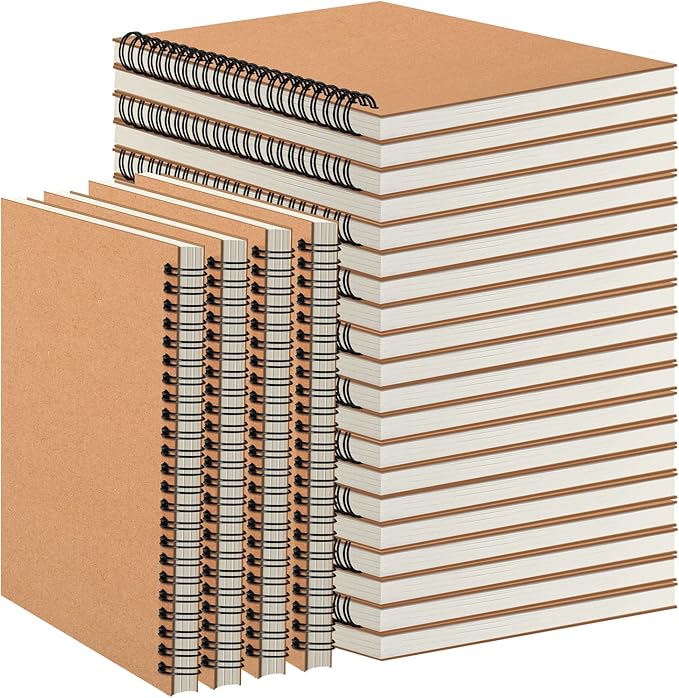 24 Pack A5 Spiral Notebooks Journal with Kraft Cover, 5x8 Inches, Ruled Lined Paper, for Work, Sketches, Study, Notes Taking, Gifts, Brown (24 PCS(Lined))