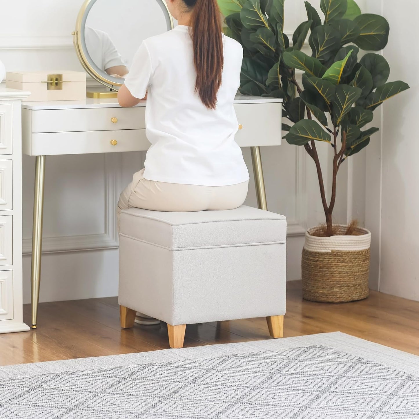 Adeco 17.5" Square Fabric Ottoman with Storage - Upholstered Cotton Linen Foot Rest - Flip Top Footstool with Sturdy Wood Legs, Small Cube Coffee Table Extra Seat for Living Room, Bedroom, White