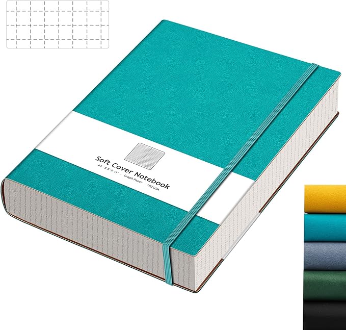 AHGXG Graph Paper Notebook - Grid Paper Notebook Large A4 8.5''×11'', 320 Pages Thick Journal, 100gsm Thick Graph Paper, Leather Softcover, Inner Pocket - Cyan