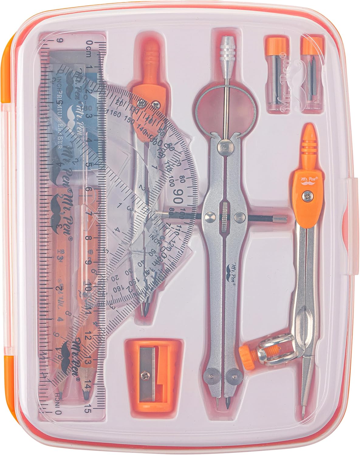 Mr. Pen- Geometry Set, 13 pcs, Compass for Geometry Compass, Geometry Kit Set with Shatterproof Storage Box, Math Compass, Geometry Set for School, Compass Math, Protractor and Compass Set, Orange