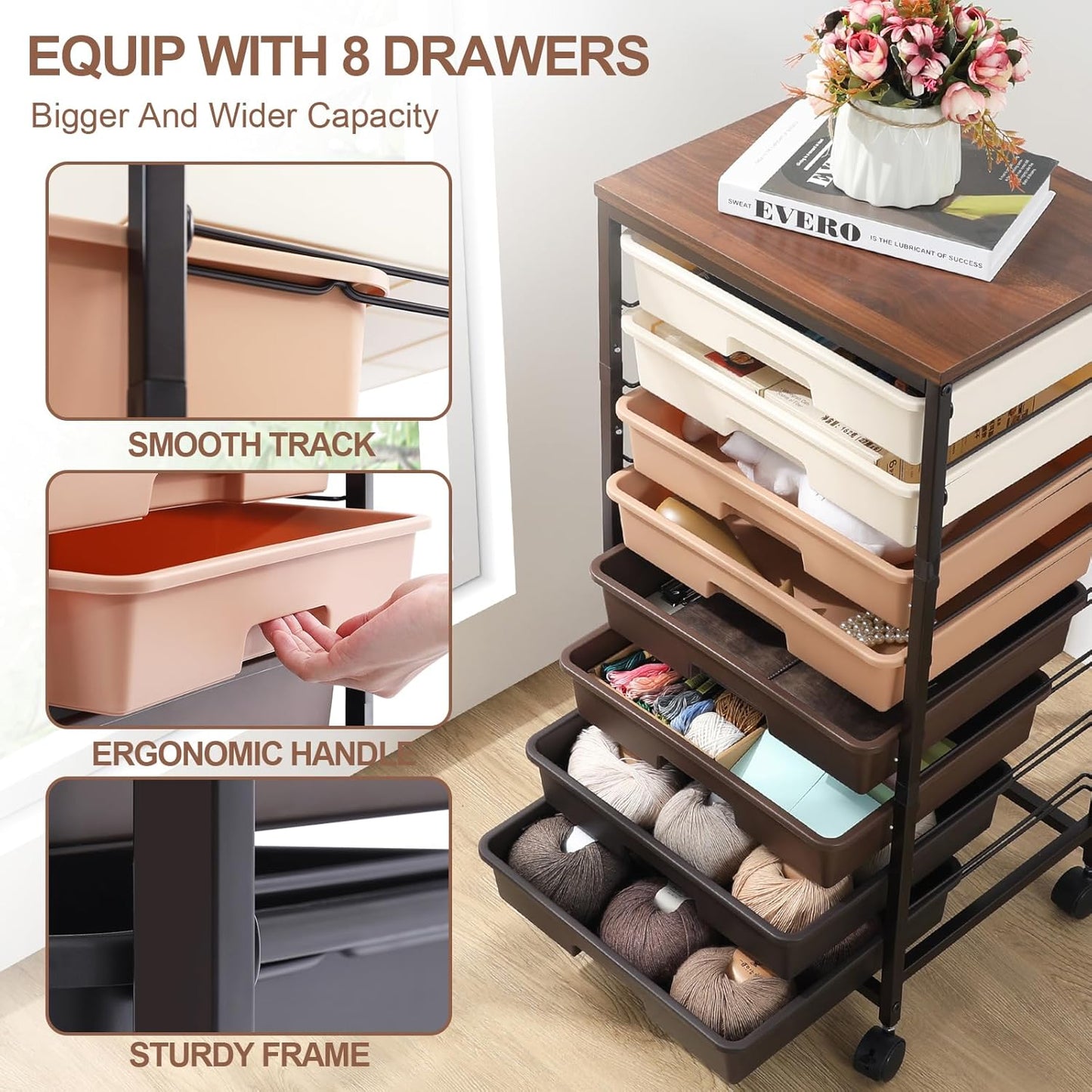 Rolling Carts with Wheels,Utility Cart with 8 Drawers and Wooden Tabletop,Rolling Drawer Cart,Plastic Drawer Storage for Living Room,Classroom,Bedroom,Bathroom,Dorm,Office,Brown